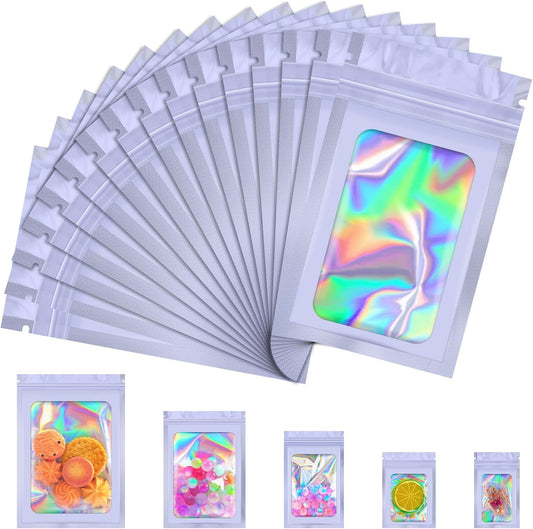 100 Pcs Mylar Bags, Smell Proof Bags Foil Pouch, Holographic Resealable Bags for Small Business, Candy Sample Jewelry Bag Sealable Packaging for Party Favor Food Storage (5.5x7.9in-Purple)