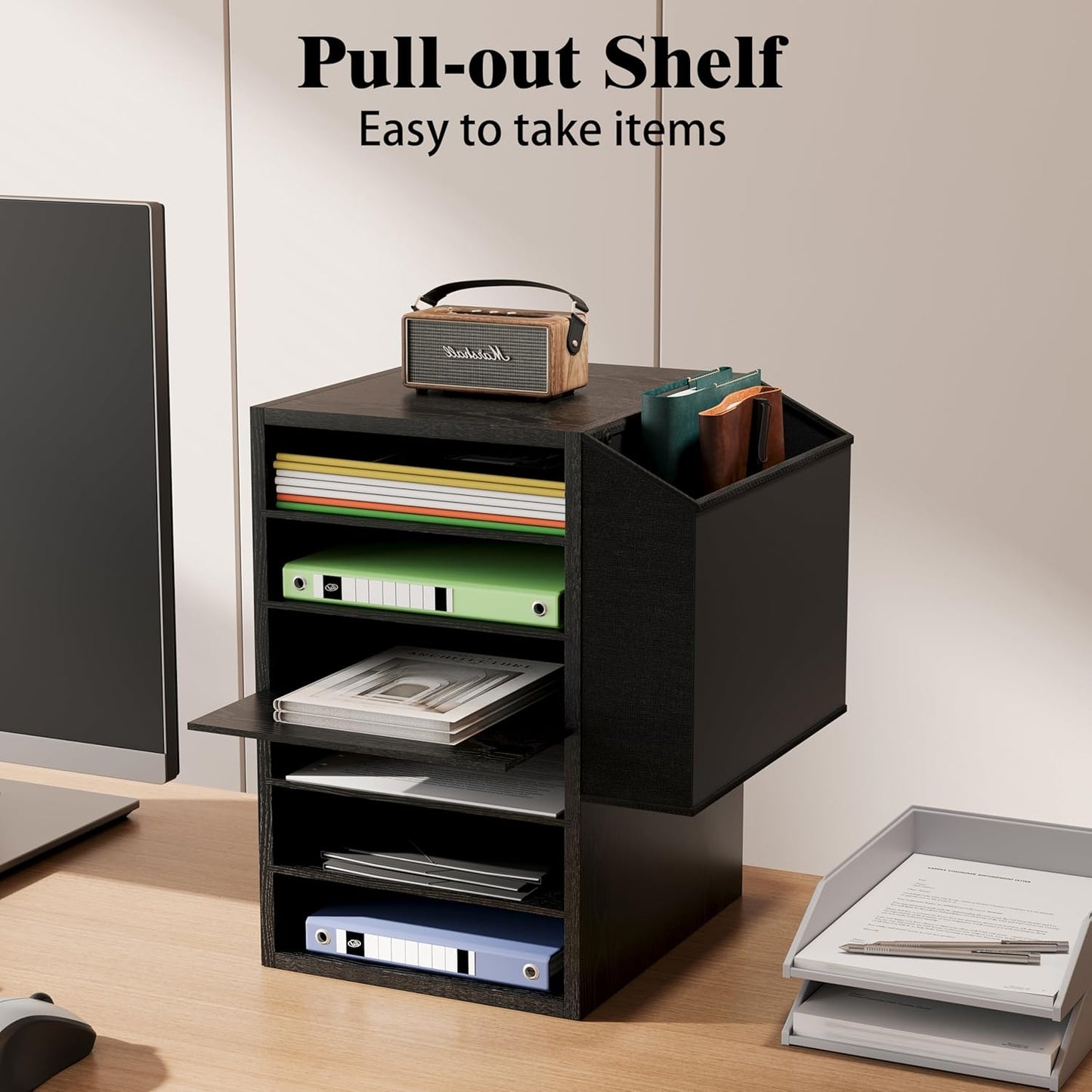 Literature Organization Paper Storage Slot, Office Desk File Organizer, Desktop Wood Mailbox For Teacher Classroom, 6 Tier Adjustable Countertop Mail Sorter, Mailboxes With Name Slots, Black