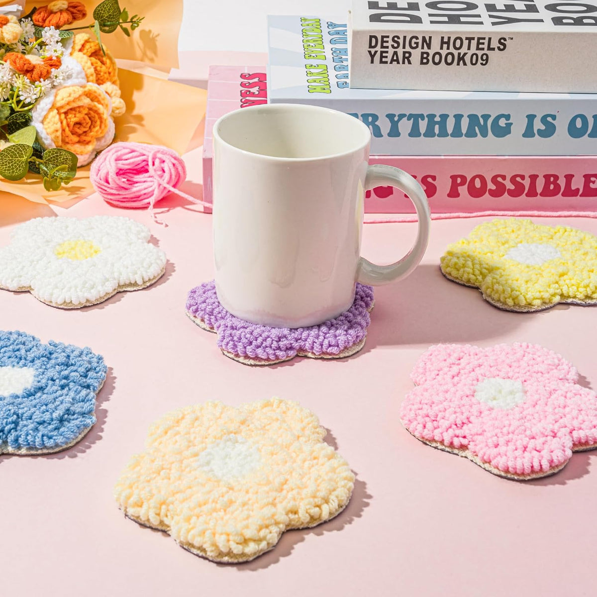 WATINC Flower Punch Needle Coaster Kit - 22Pcs Crafts Punch Needle Coasters Kits for Beginners, Flower Pattern Coaster Tufted Rug Pads with Adhesive Felt Yarns Embroidery Hoop Instruction (Macaron)
