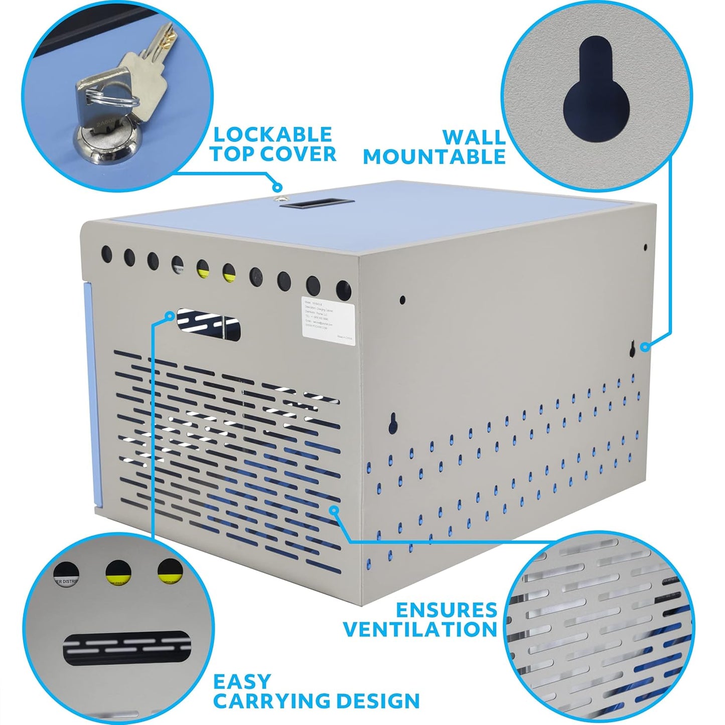 16-Unit Charging Cabinet for Laptops & Tablets - Locking Laptop Storage Box with Cable Management, Charger Storage, and Ground Protection for Classroom, Library, and Office(Blue)