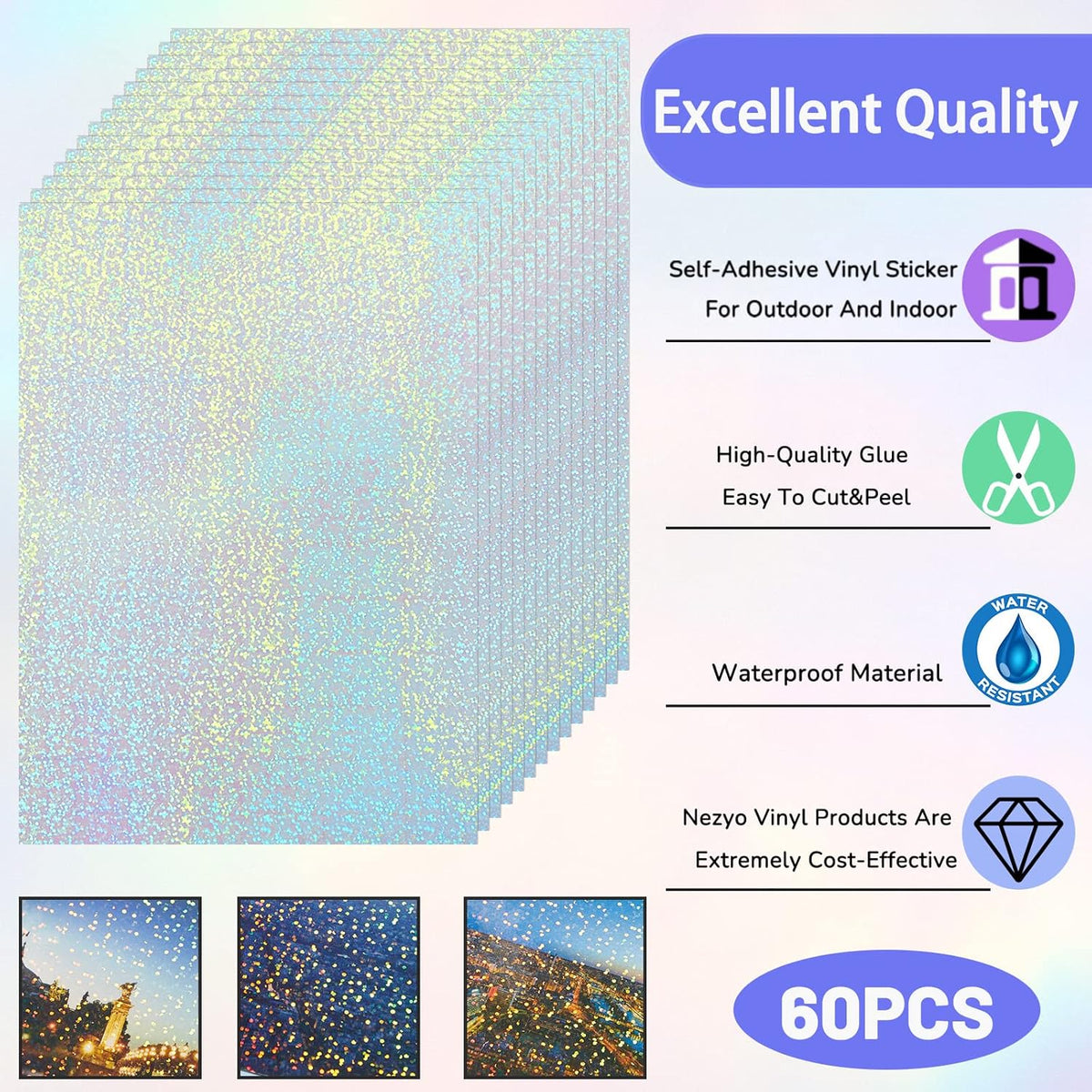 Nezyo 60 Sheets Holographic Laminate Sheets Clear Glitter A4 Size Vinyl Sticker Paper Holographic Overlay Self Adhesive Waterproof Transparent Film, 11.7 x 8.3 Inch (Little Dot)