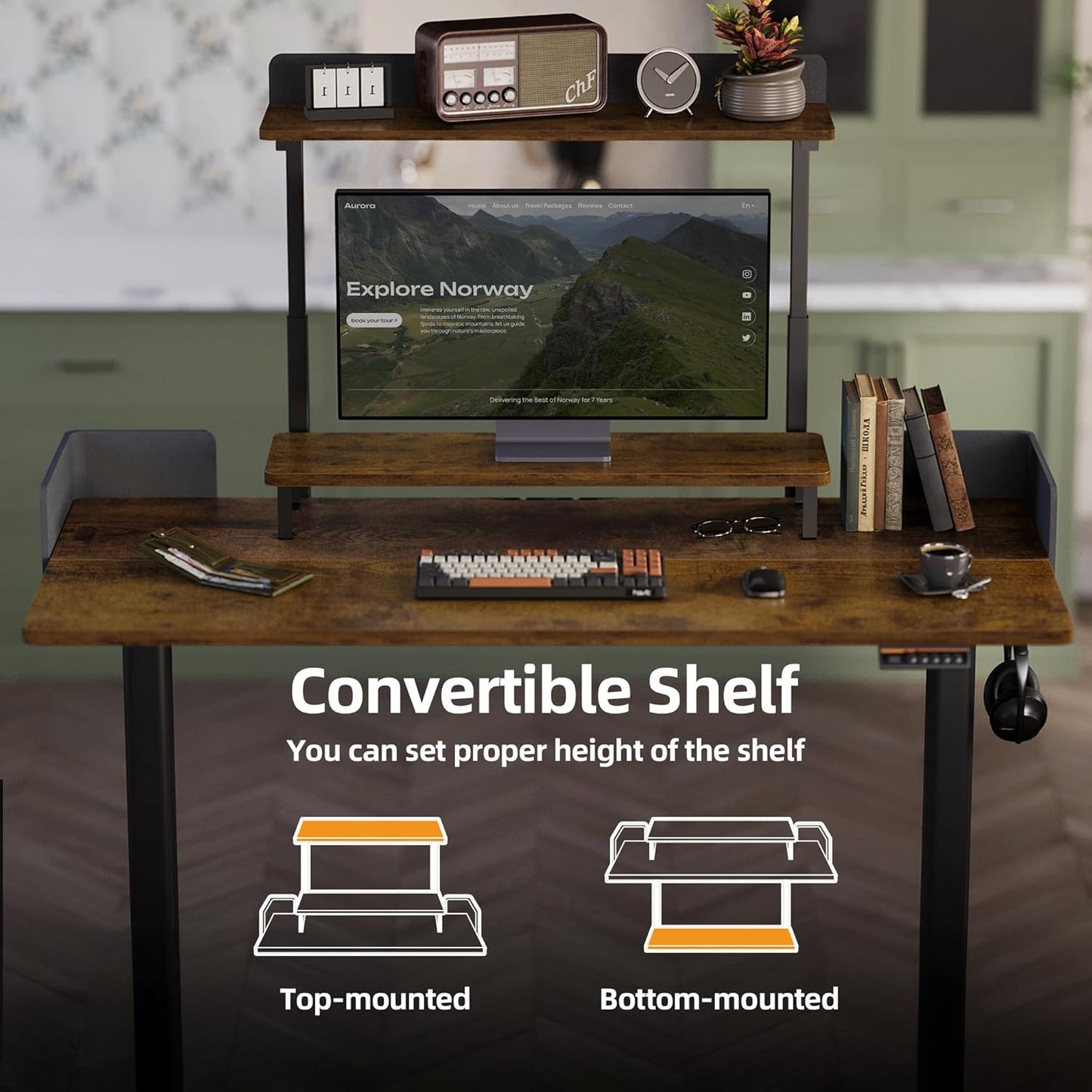 Claiks Electric Standing Desk, 48 x 24 Inches Height Adjustable Desk with Removable Shelves, Stand Up Desks Computer Workstation, Rustic Brown