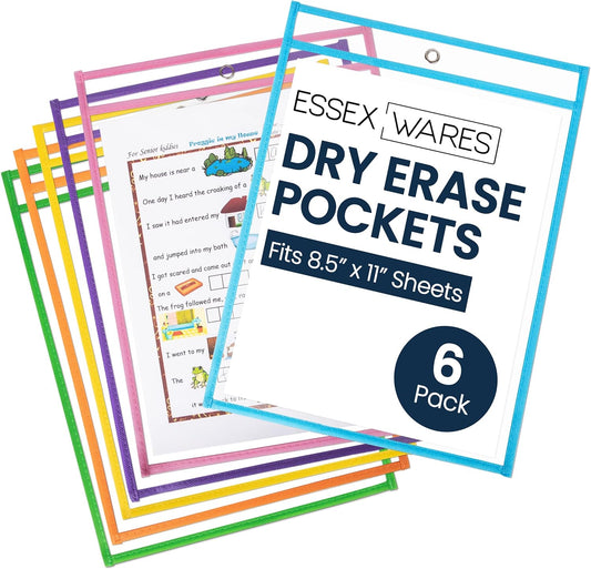 Essex Wares - 6 Pack, Pastel, Dry Erase Pocket Document Protectors, 10" Wide x 13.5" Tall - Dry Erase Clear Plastic Sleeves - Reusable & Easy Erase Plastic Invoice Holders, Water-Resistant & Durable