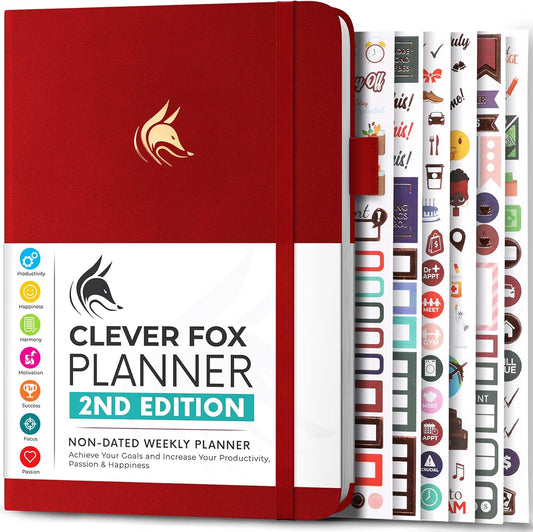 Clever Fox Planner 2nd Edition – Colorful Weekly & Monthly Goal Planner, Time Management & Productivity Organizer, Undated, A5 (Red)