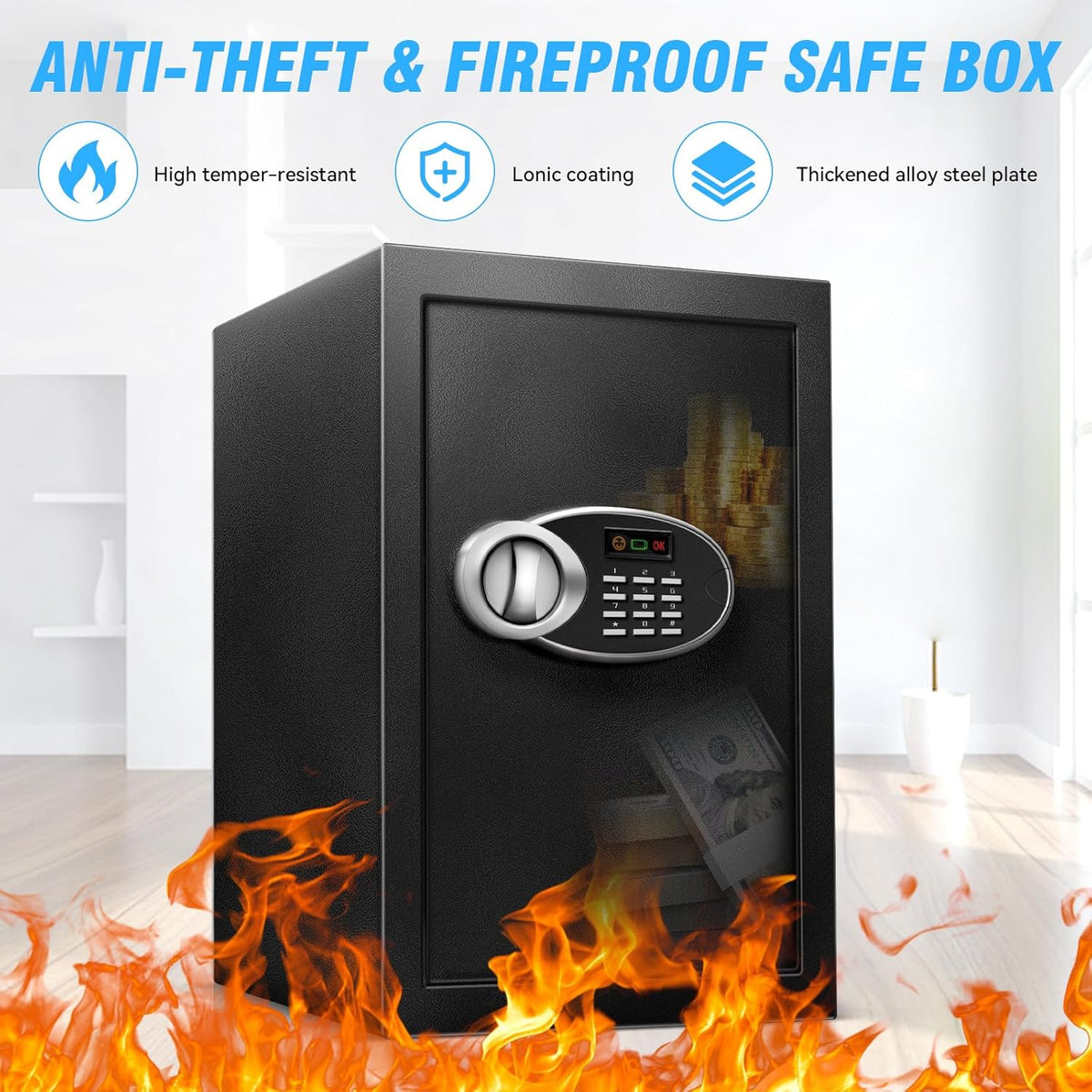 2.5 Cu Ft Large Safe Box with Fireproof Waterproof for Documents - Steel Security Personal Fire Safe with Digital Keypad, Emergency Battery Box & Combination Lock, Safety Box for Valuables Money Cash