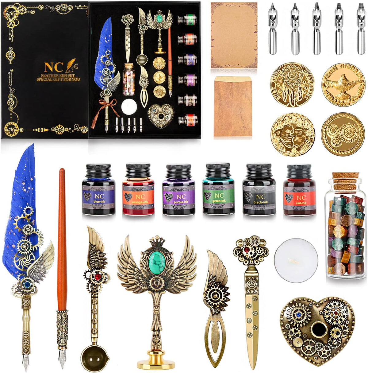 NC Quill & Feather Calligraphy Pen Set, Wax Seal Stamp - Valentine's & Birthday Gift, Ideal for Various Holidays (Blue)