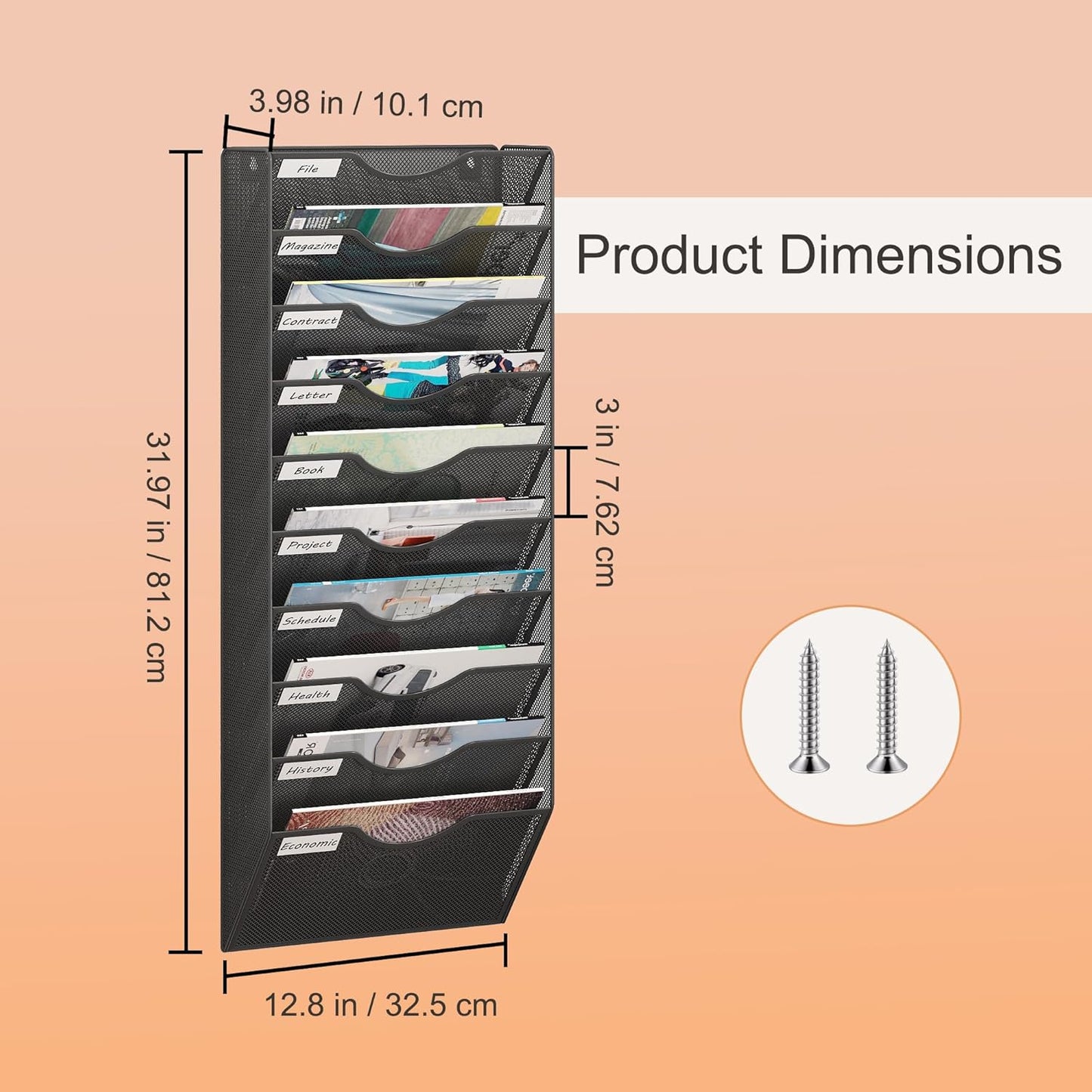 10 Tier Hanging Wall File Holder, Metal A4 Wall Mounted Document Holder, Vertical Hanging Mail Organiser, Magazine Storage Rack with Tray for Office Home Classroom, Black