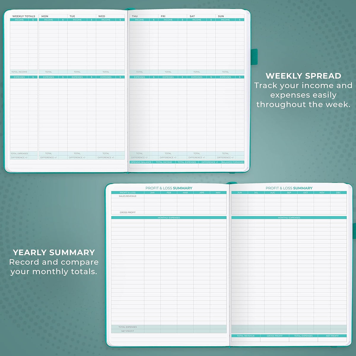 Clever Fox Income & Expense Tracker Large – Accounting & Bookkeeping Ledger Book for Small Business – 2-Year Record Notebook, A4 (Turquoise)