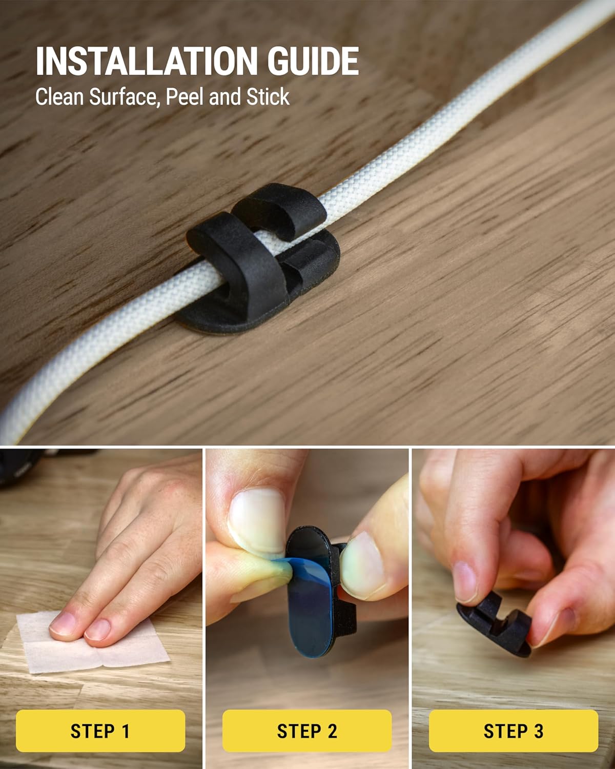 Scosche CMAA2-6PKRP 6 Pack Adhesive Cable Management Clip Kit, Cord Organizer, Wire Holder for Desk, Nightstand, Phone Charger, Computer, Home, Office, Car, Black