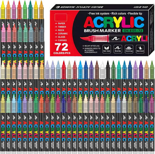 72 Acrylic Paint Markers, Soft Brush Tip Acrylic Markers for Rock Painting, Wood, Stone, Glass, Canvas, Fabric, Ceramic - Brush Tip Water Based Pens