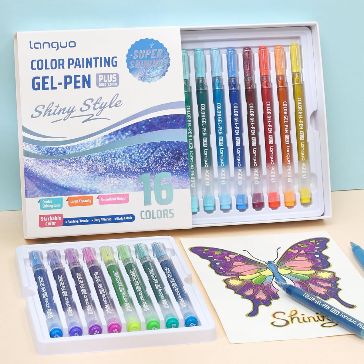 Glitter Gel Pens for Adult Coloring, 16 Colors Double Shining Glitter Gel Pens Colored Set for Drawing, Doodling, Journaling & Creative Art Supplies