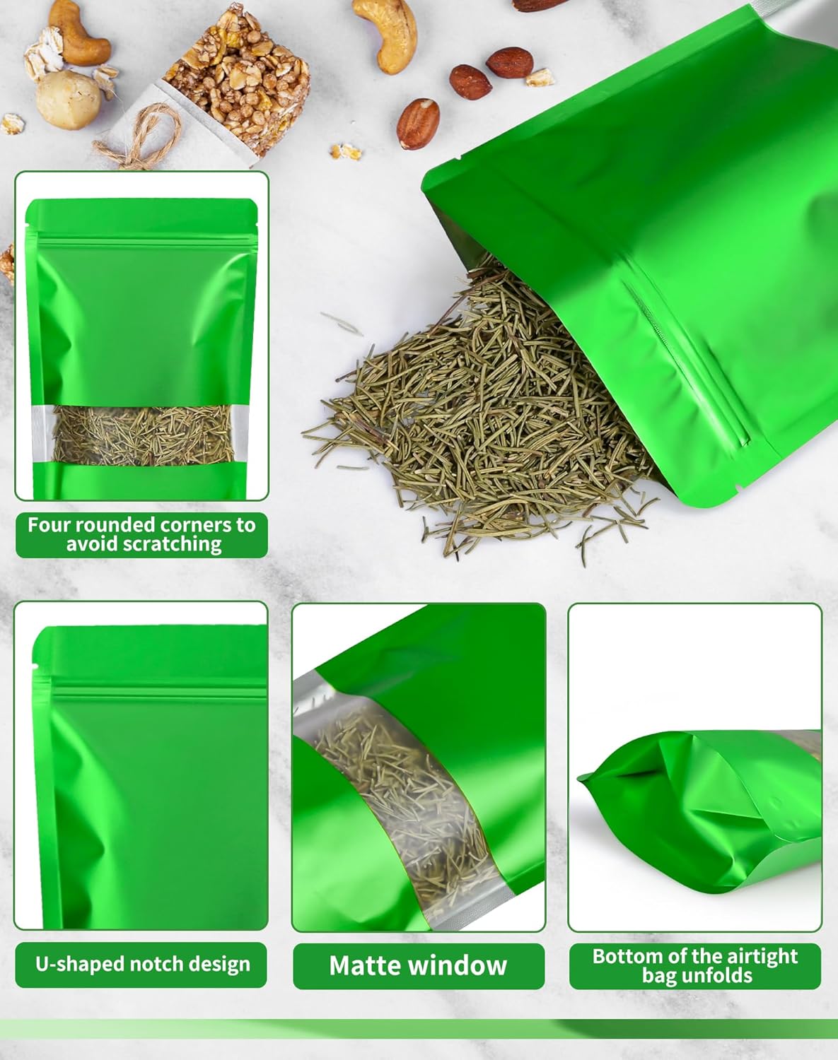 FireKylin 100 Pack Smell Proof Bags 7.1" x 10.2", Resealable Bags with Matte Window, Foil Pouch Stand Up Sealable Bags for Packaging（Green）