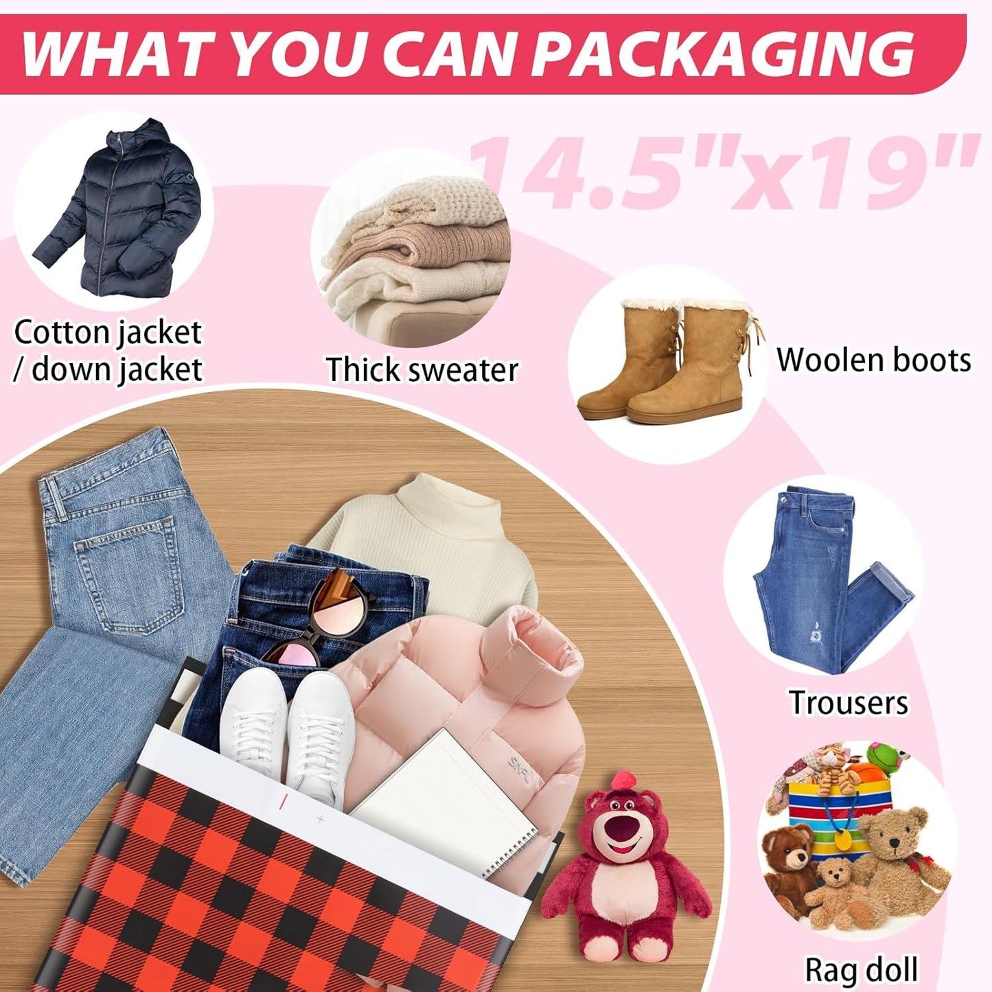 Oududianzi Large Poly Mailers 14.5x19, 100 Pack Shipping Bags, Shipping Envelopes, Plastic Packaging Bags, Self-Seal Polymailers, Mailers Poly Bags for Small Business and Clothing - Red plaid