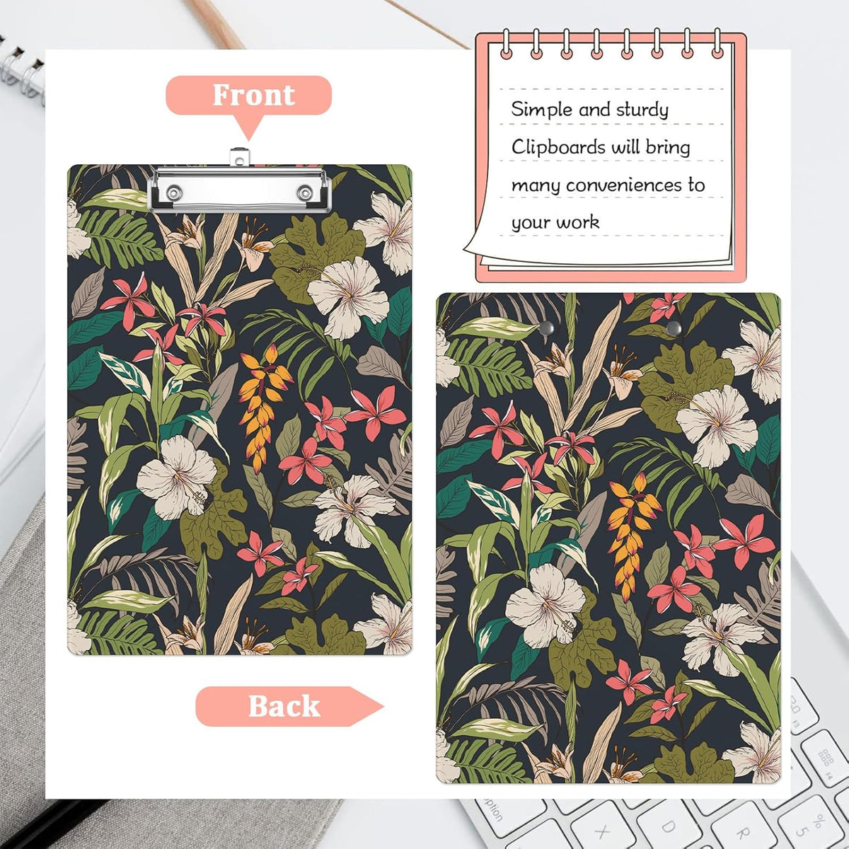 Tropical Flower Leaves Plastic Clipboards,Cute Fashion Clipboard Decorative 8.5" x 12.5"Standard A4 Size Clipboards,Acrylic Clipboard for Teacher,Social Worker,Students,Nurse,Office Supplies