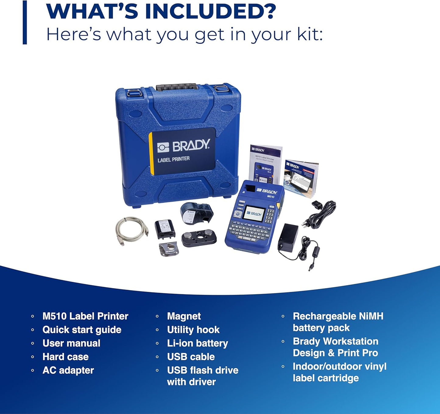 Brady M510 Portable Industrial Label Printer Kit with Product and Wire ID Software, Carrying Case, Label Cartridge, Rechargeable Battery and Charger, 3.75" H x 5.75" W x 10" D