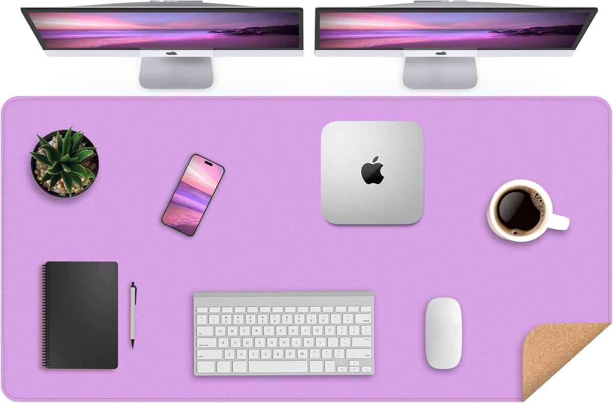 Leather Desk pad Protector- 47.2" x 23" Large Desk mat with Natural Cork & PU Leather,Mouse pad,Non-Slip Office Desk Mat,Waterproof Desk Writing Pad for Office and Home(Purple)