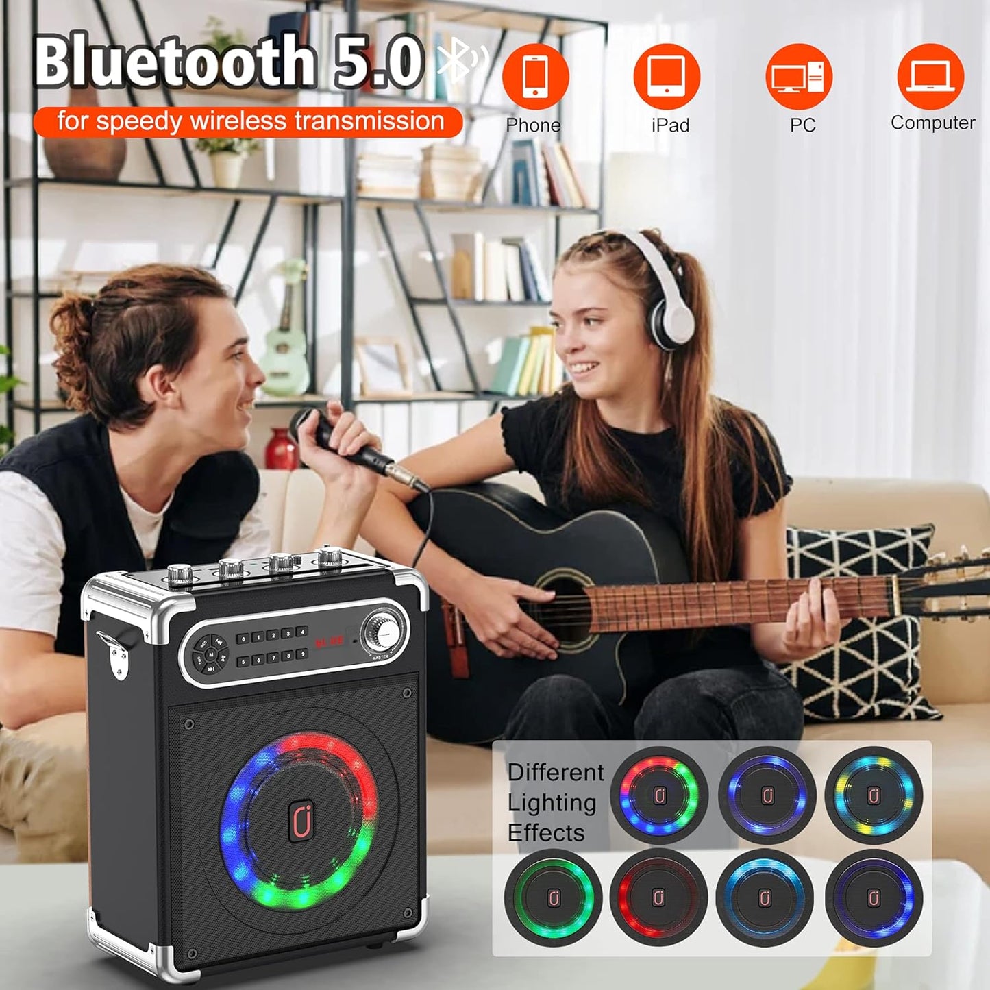 JYX Karaoke Machine with Two Wireless Microphones, Portable Bluetooth Speaker with Bass/Treble Adjustment, PA System with Remote Control, LED Lights,Supports TF Card/USB, AUX IN, FM, REC,TWS for Party