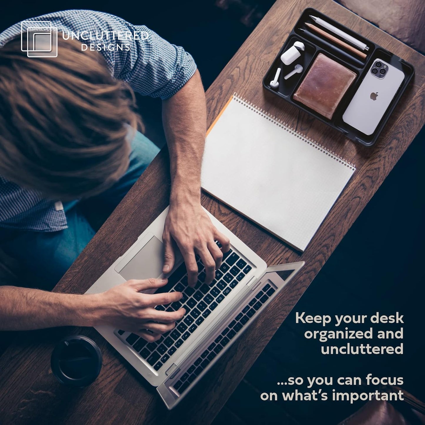 Pocket Deck Valet Tray (Black) for Men. Everyday Carry EDC Caddy Bamboo Organizer. Perfect for Night Stand, Bedside, Dresser, Desk, Office, Bedroom. with Phone Charger. Storage Slots for Wallet, Keys