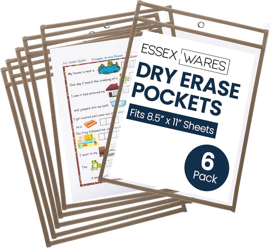 Essex Wares - 6 Pack, Tan, Durable Water-Resistant Dry Erase Pocket Document Protectors, 10" Wide x 13.5" Tall - Dry Erase Clear Plastic Sleeves - Reusable & Easy Erase Plastic Invoice Holders