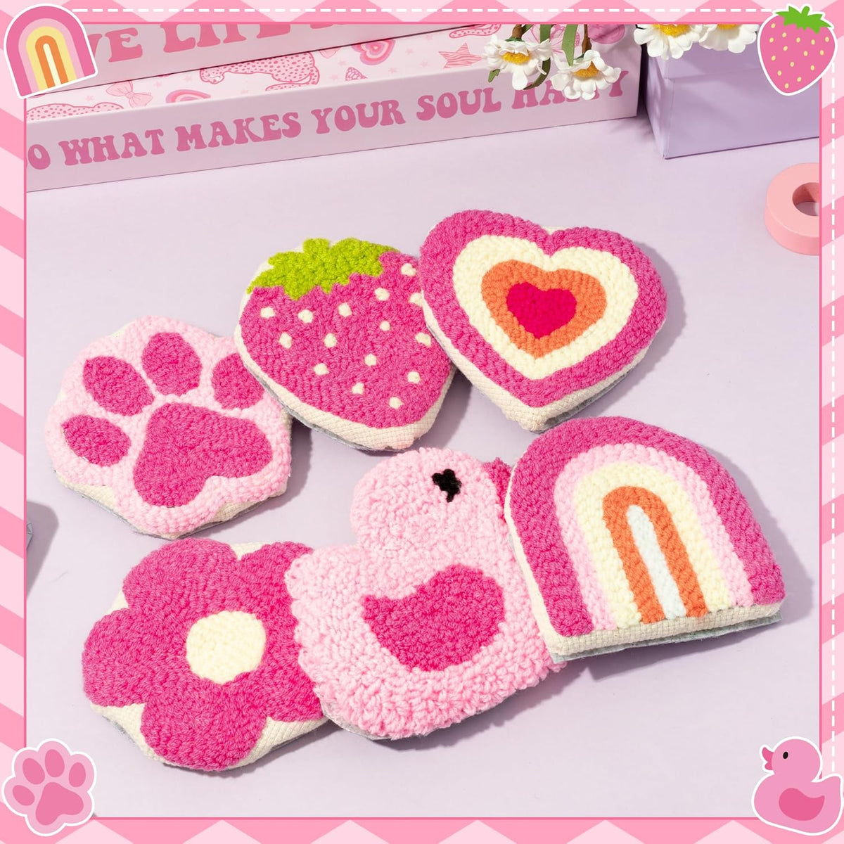 WATINC Punch Needle Coaster Kits - 23Pcs Easy Art Work Decor Craft Supply for Beginners, DIY Set of 6 Unique Pattern Tufted Pads with Adhesive Felt Yarns Tools Instruction Customized Boxes (Pink)