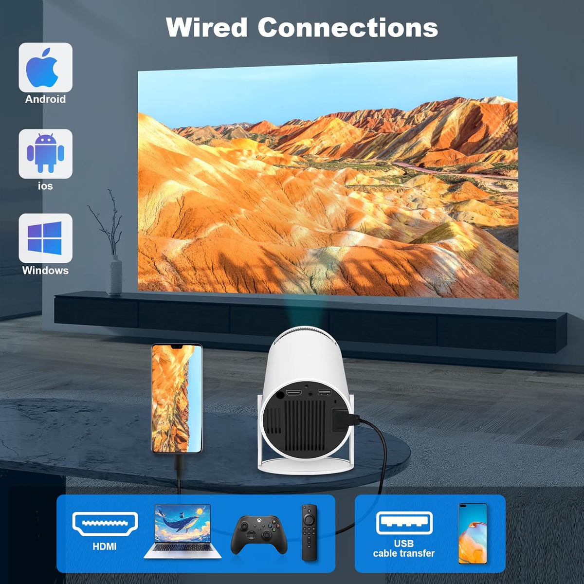 Mini Projector,Equipped with Dual Band WiFi 6 and Bluetooth 5.0,Supports 4K 1080P Resolution Portable Projector,180 ° Rotatable,Compatible with Android 13/30-200 Inches/HDMI/USB