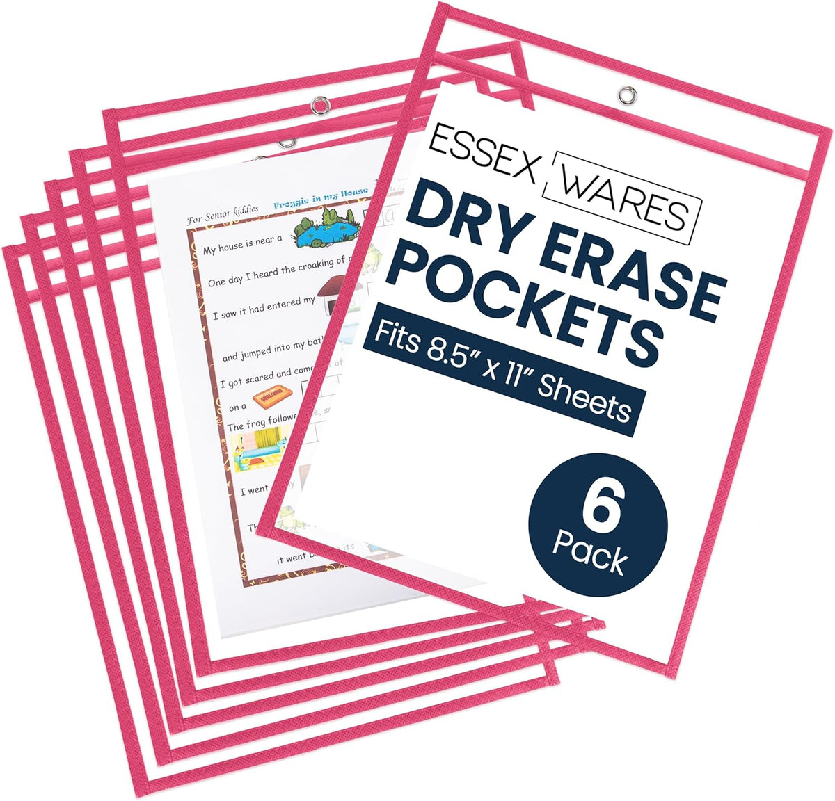 Essex Wares - 6 Pack, Hot Pink, Durable Water-Resistant Dry Erase Pocket Document Protectors, 10" Wide x 13.5" Tall - Dry Erase Clear Plastic Sleeves - Reusable & Easy Erase Plastic Invoice Holders