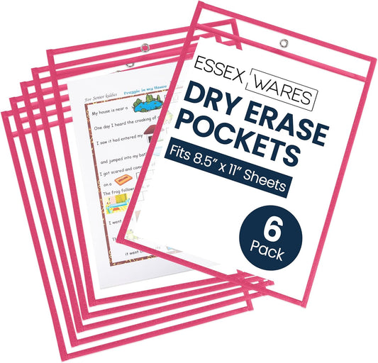 Essex Wares - 6 Pack, Hot Pink, Durable Water-Resistant Dry Erase Pocket Document Protectors, 10" Wide x 13.5" Tall - Dry Erase Clear Plastic Sleeves - Reusable & Easy Erase Plastic Invoice Holders
