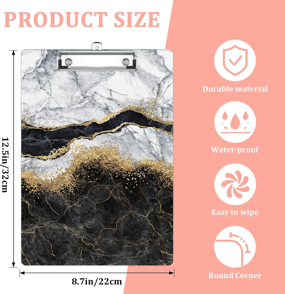 Black Marble Plastic Clipboards,Cute Fashion Clipboard Decorative 8.5" x 12.5"Standard A4 Size Clipboards,Acrylic Clipboard for Teacher,Social Worker,Students,Nurse,Office Supplies