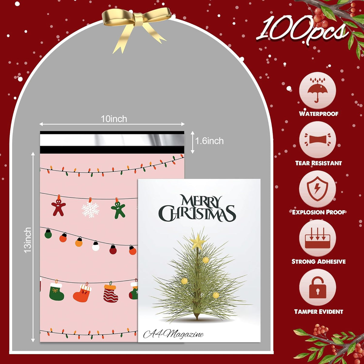 Christmas Poly Mailer 10x13 Inch 100 Pcs, Waterproof Shipping Bags with Self-Seal - Tear-Resistant, Christmas Lights Printed