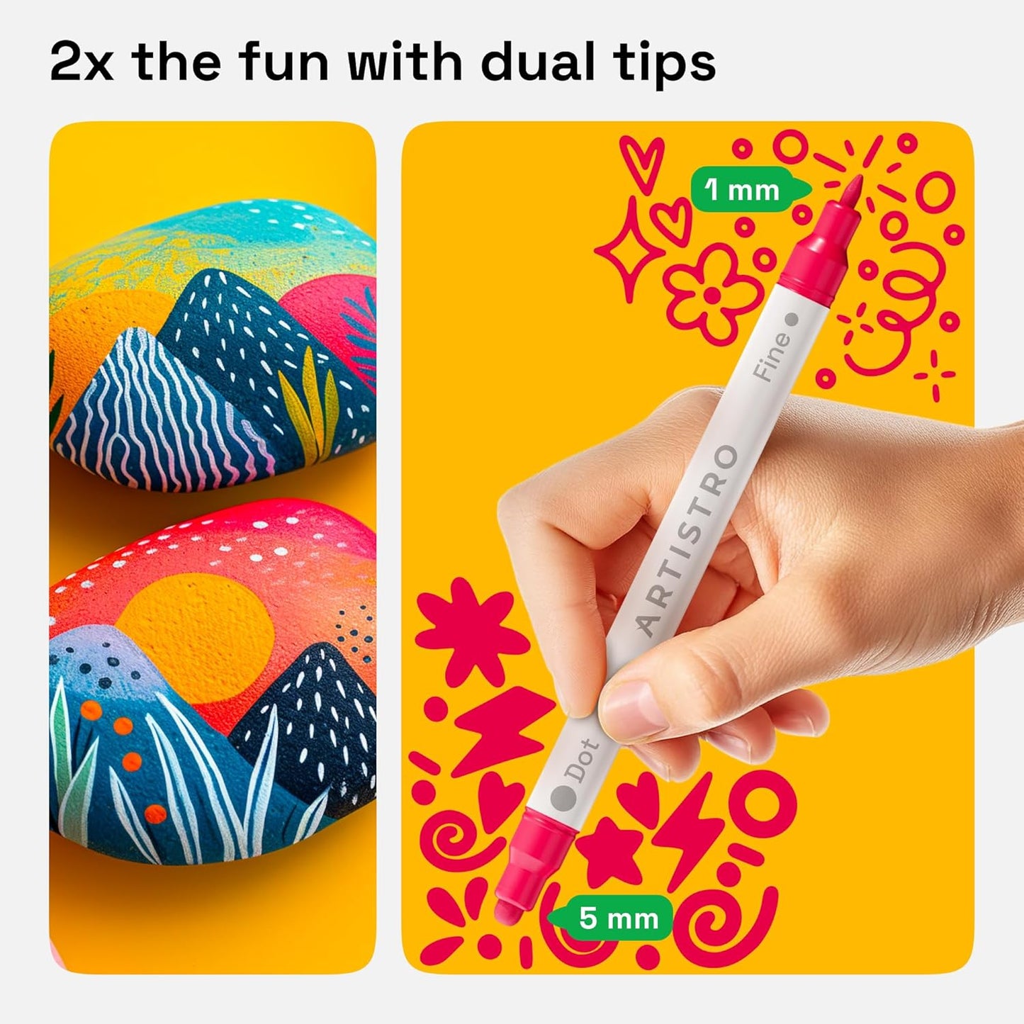 ARTISTRO Vibrant Acrylic Paint Markers for Rock, Fabric, Glass, Wood, Paper, Ceramic, Canvas & More - 12 Dual-Tip Paint Pens (Dot & Fine) - Quick Dry, Teacher Classrooms Must Have, Drawing Markers