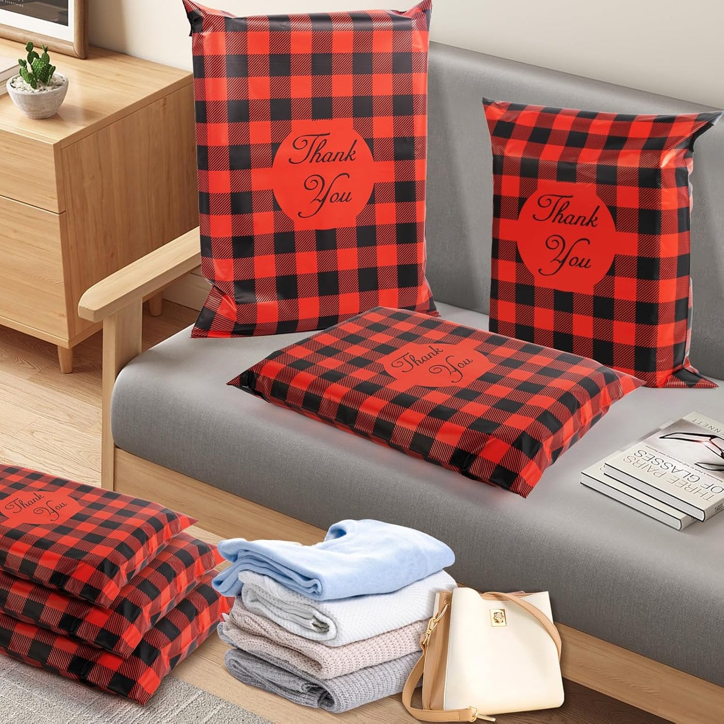 Oududianzi Large Poly Mailers 14.5x19, 100 Pack Shipping Bags, Shipping Envelopes, Plastic Packaging Bags, Self-Seal Polymailers, Mailers Poly Bags for Small Business and Clothing - Red plaid