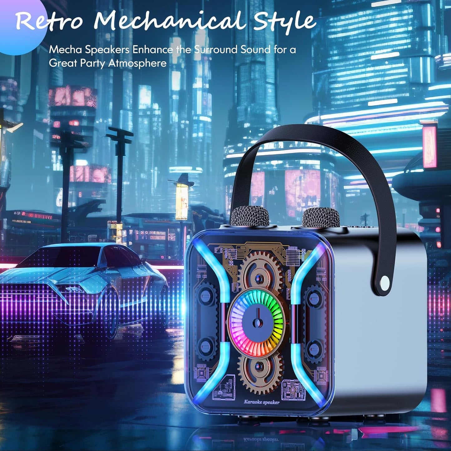 Karaoke Machine for Adults with Two Wireless Microphones, Bluetooth Speaker, LED Light Show, 360-Degree Stable Bass Mic, Silver