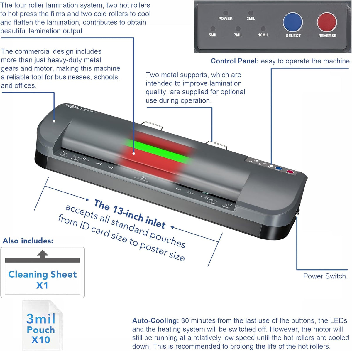 SINCHI 13-Inch Thermal Laminator & Foil Applicator, 3–10 Mil, 4-Roller, 55s Warm-Up, 18 seconds/page, Auto Shutoff, Commercial-Grade Laminating Machine with 10 Pouches for Office, School, Crafts & DIY