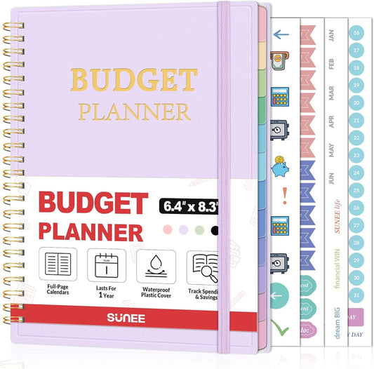 SUNEE Budget Planner - Monthly Budget Book with Expense Tracker Notebook, Undated 12 Month Bill Organizer & Finance Planner to Manage Your Money, A5(6.4" x 8.3") Account Book with Colorful Tab, Purple