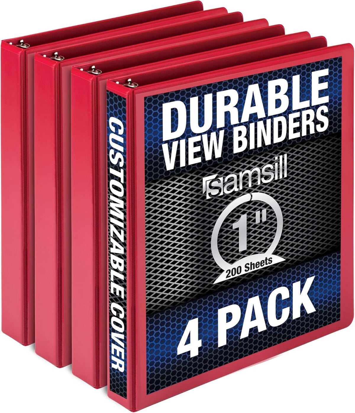 Samsill Durable 1 Inch Binder, Made in the USA, Round Ring Customizable Clear View Binder, Red, 4 Pack (MP48433)
