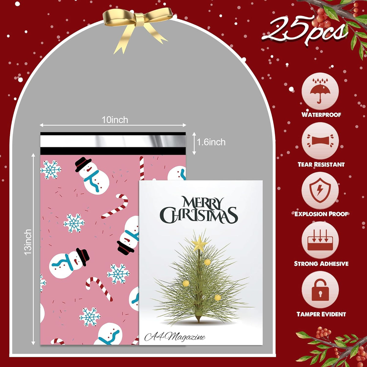 Christmas Poly Mailer 10x13 Inch 25 Pcs, Waterproof Shipping Bags for Clothing, Tear-Resistant Mailier Bags, Strong Mailing Bags with Self-Seal - Snowmen Printed