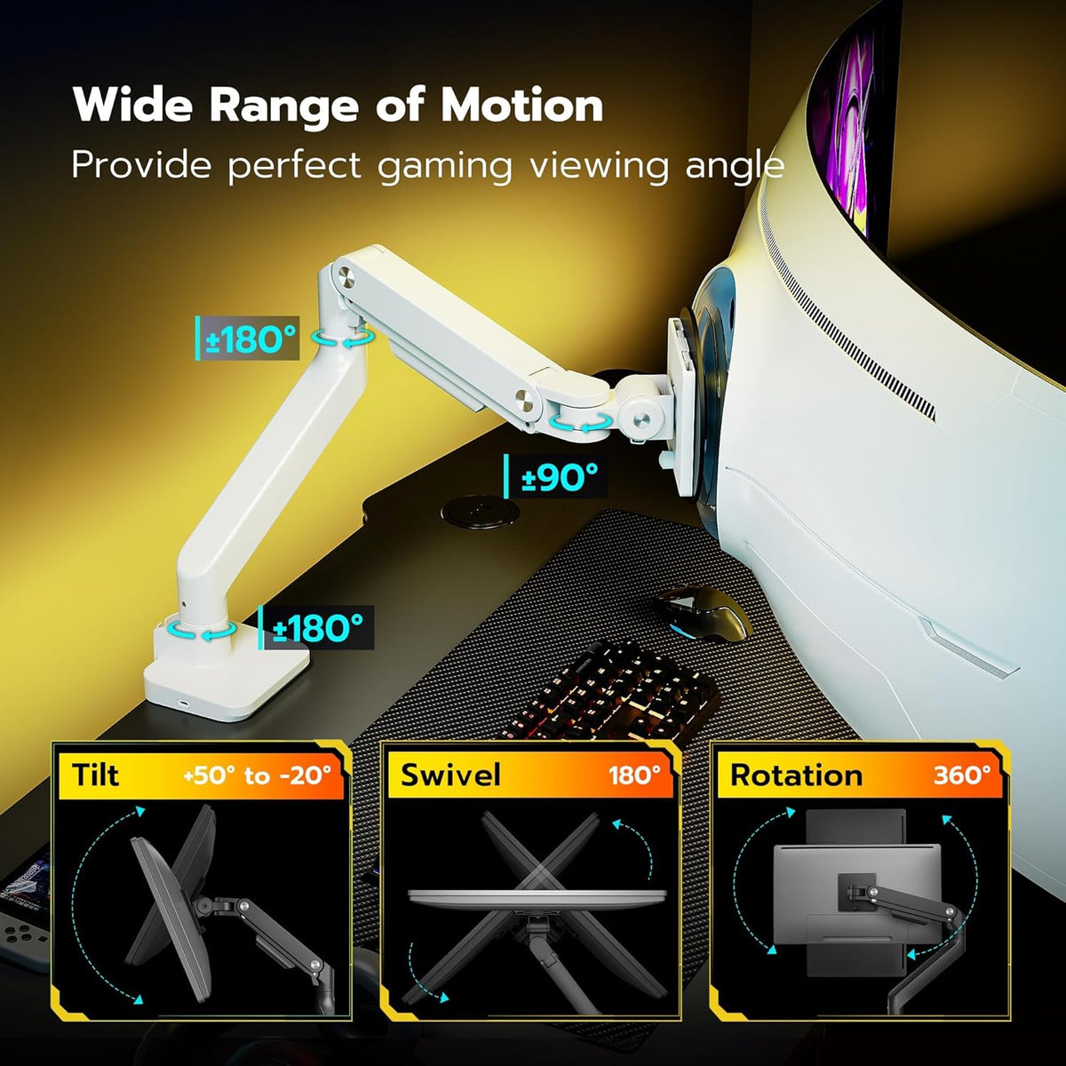ARES WING Single Ultrawide Monitor Mount with USB A/C, Heavy Duty Monitor Arm for 17 to 49 inch Screen, Holds 44 lbs, Adjustable Gas Spring Arm Desk Mount with Clamp and Grommet Base, White