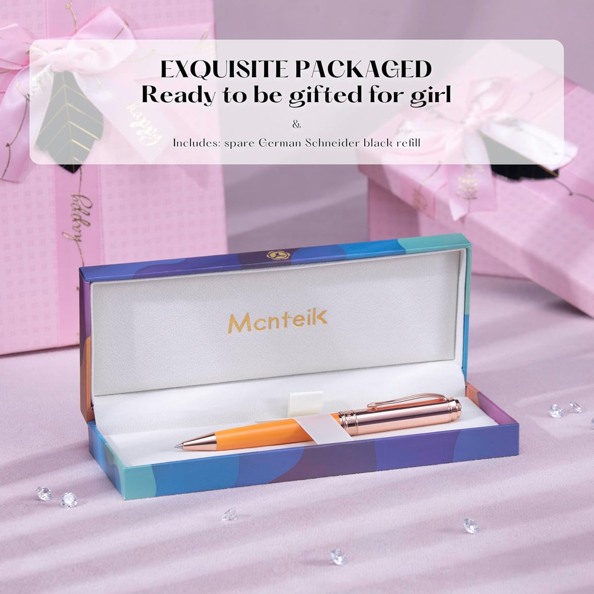 Luxury Gel Pen, Top Set With 8mm Brilliant Diamond,Bright Orange Pen Lacquer,Rose Real Gold Finish, Black Refill,Elegant Gift Pen For Women, Unique, Office,Nice Designer Pens
