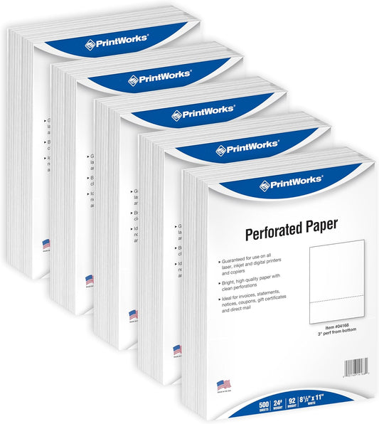 PrintWorks Professional 3" Horizontal Perforated Paper 8.5” x 11” - Perfect For W-2, 1099, & Statement Use - Made in the USA - 2500 Sheets - 24 lb - Printer Compatible - White (04168C)