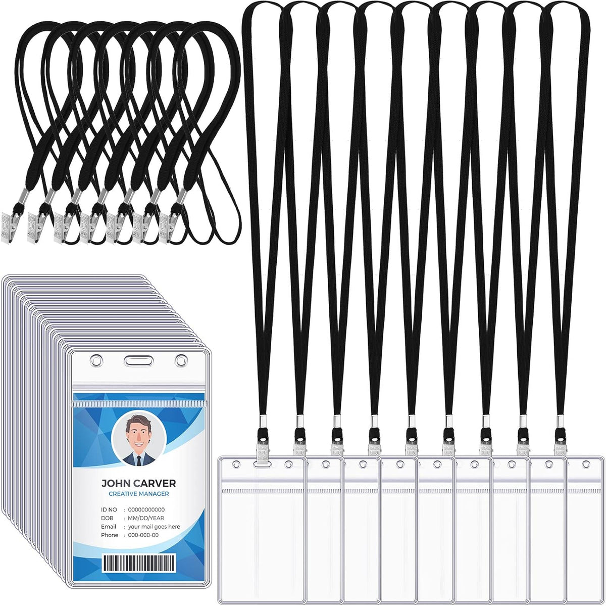 Marspark 200 Pcs Name Tag Lanyards with ID Holder Lanyards for ID Badges Resealable Flat Neck Name Tag with Clip Waterproof Plastic Clear Badges Bulk for School Office Supplies (Black)