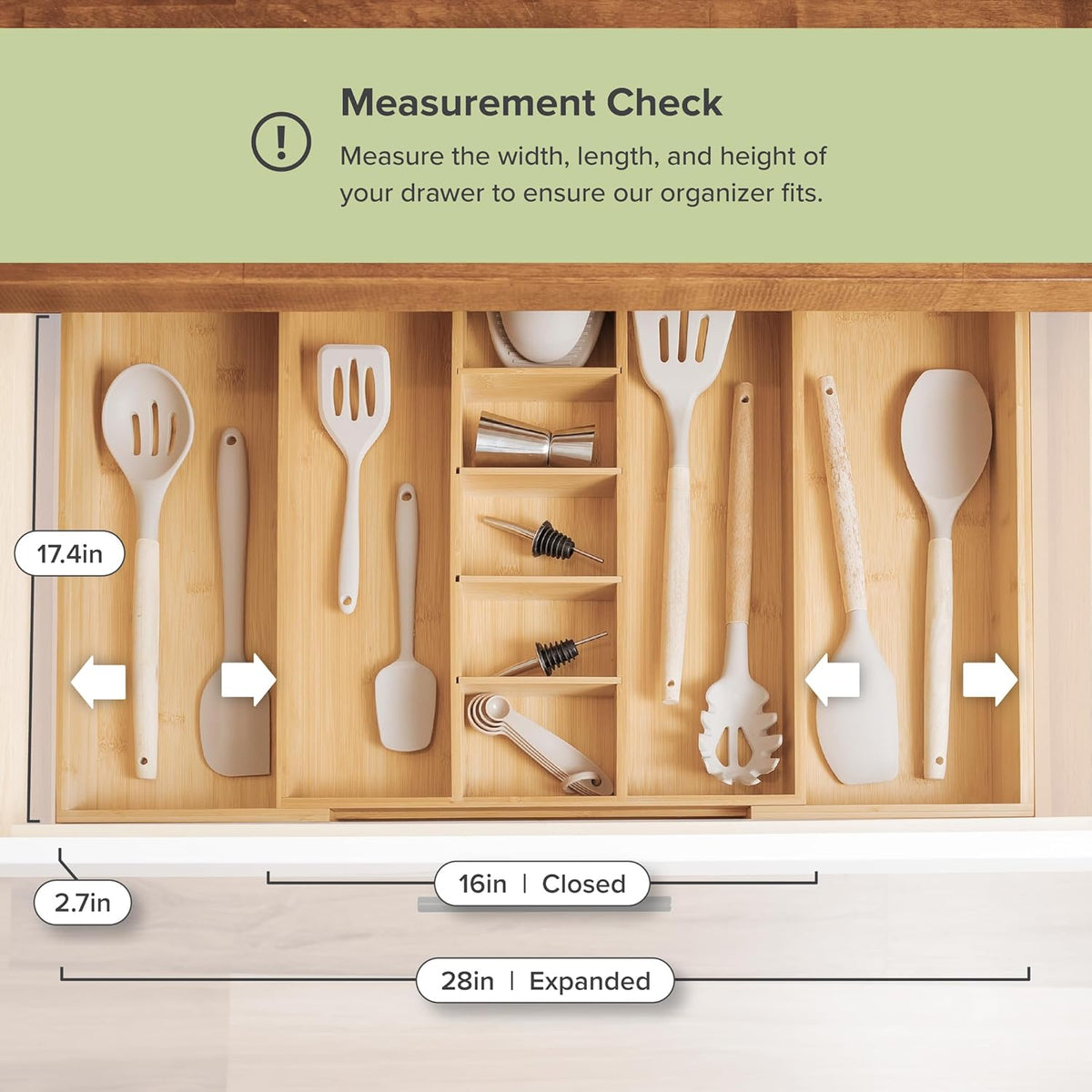 Adjustable Kitchen Drawer Organizer for Utensils and Junk, Food-Safe Contract Grade with 100% Sustainable Wood, Expandable from 16 to 28 Inches Wide - Natural Bamboo