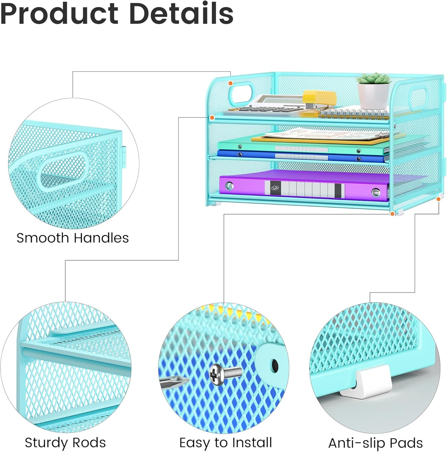 3 Tier Paper Organizer with Handle, Metal Desk Organizer Mesh Paper Letter Tray Desktop File Folder Document Sorter for Classroom, School, Office Accessories Organization and Storage - Blue