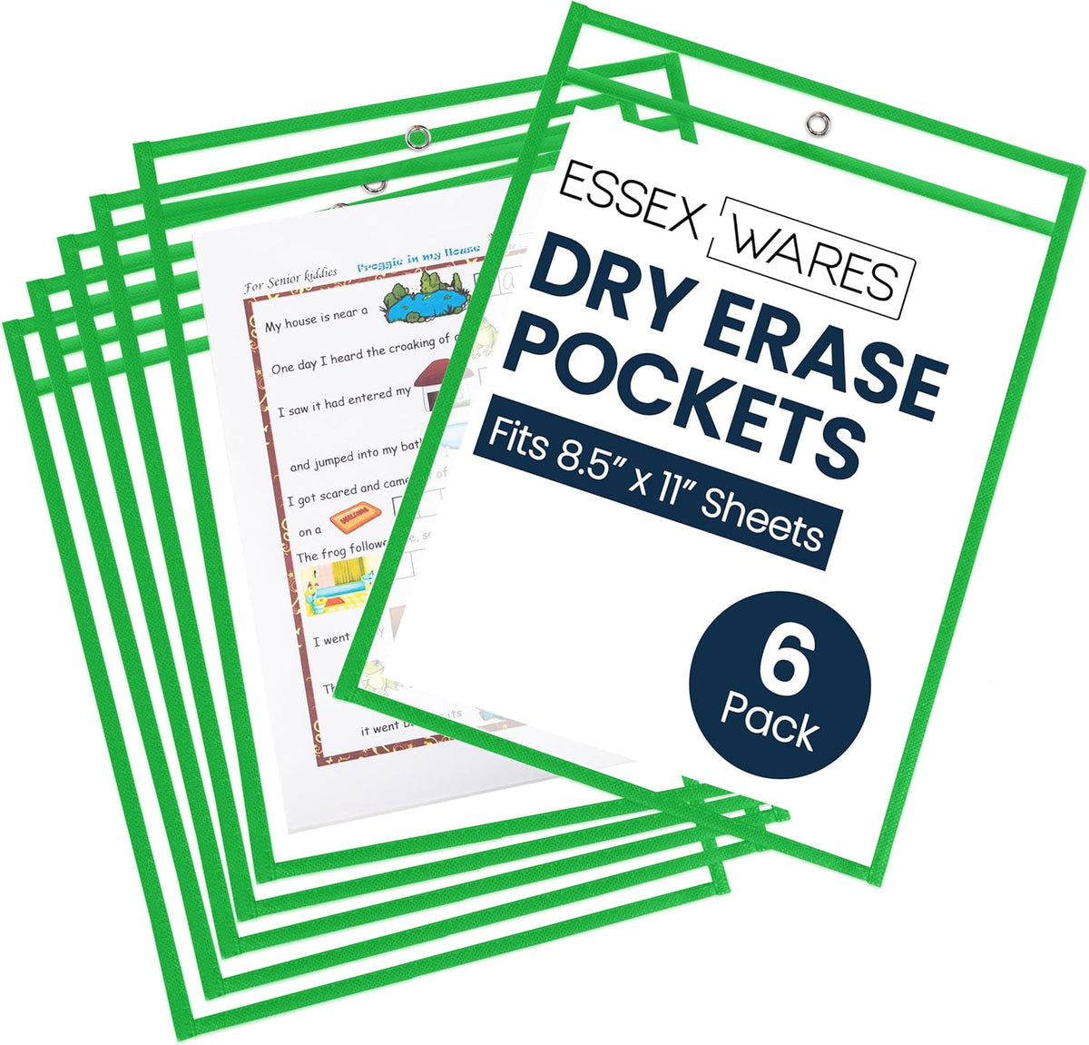 Essex Wares - 6 Pack, Neon Green, Water-Resistant Dry Erase Pocket Document Protectors, 10" Wide x 13.5" Tall - Dry Erase Clear Plastic Sleeves - Reusable & Easy Erase Plastic Invoice Holders