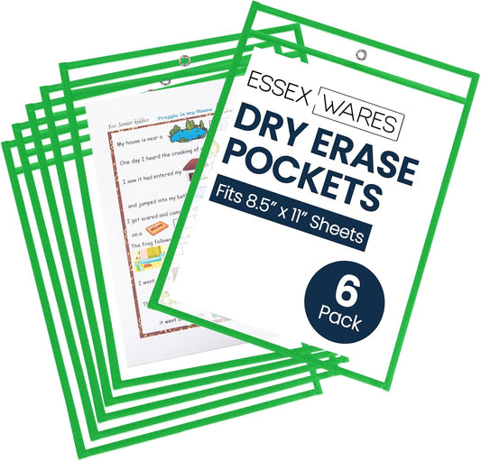 Essex Wares - 6 Pack, Neon Green, Water-Resistant Dry Erase Pocket Document Protectors, 10" Wide x 13.5" Tall - Dry Erase Clear Plastic Sleeves - Reusable & Easy Erase Plastic Invoice Holders