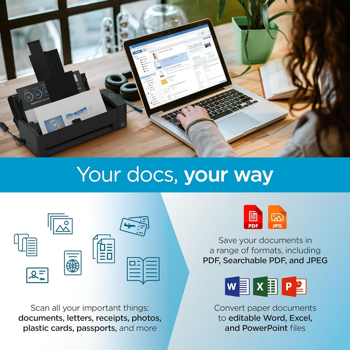 ScanSnap iX1300 Compact Wireless or USB Double-Sided Color Document, Photo & Receipt Scanner with Auto Document Feeder and Manual Feeder for Mac or PC, Black
