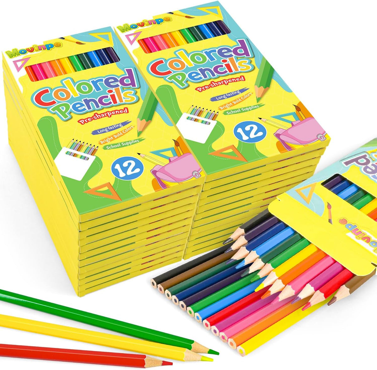 MOVINPE 288 Count Colored Pencils Bulk for Kids Teachers Adults, 24-Box Pre‑Sharpened Colored Pencils 12 Vivid Colors Back to School Supplies Classroom Prizes Coloring Art Supplies