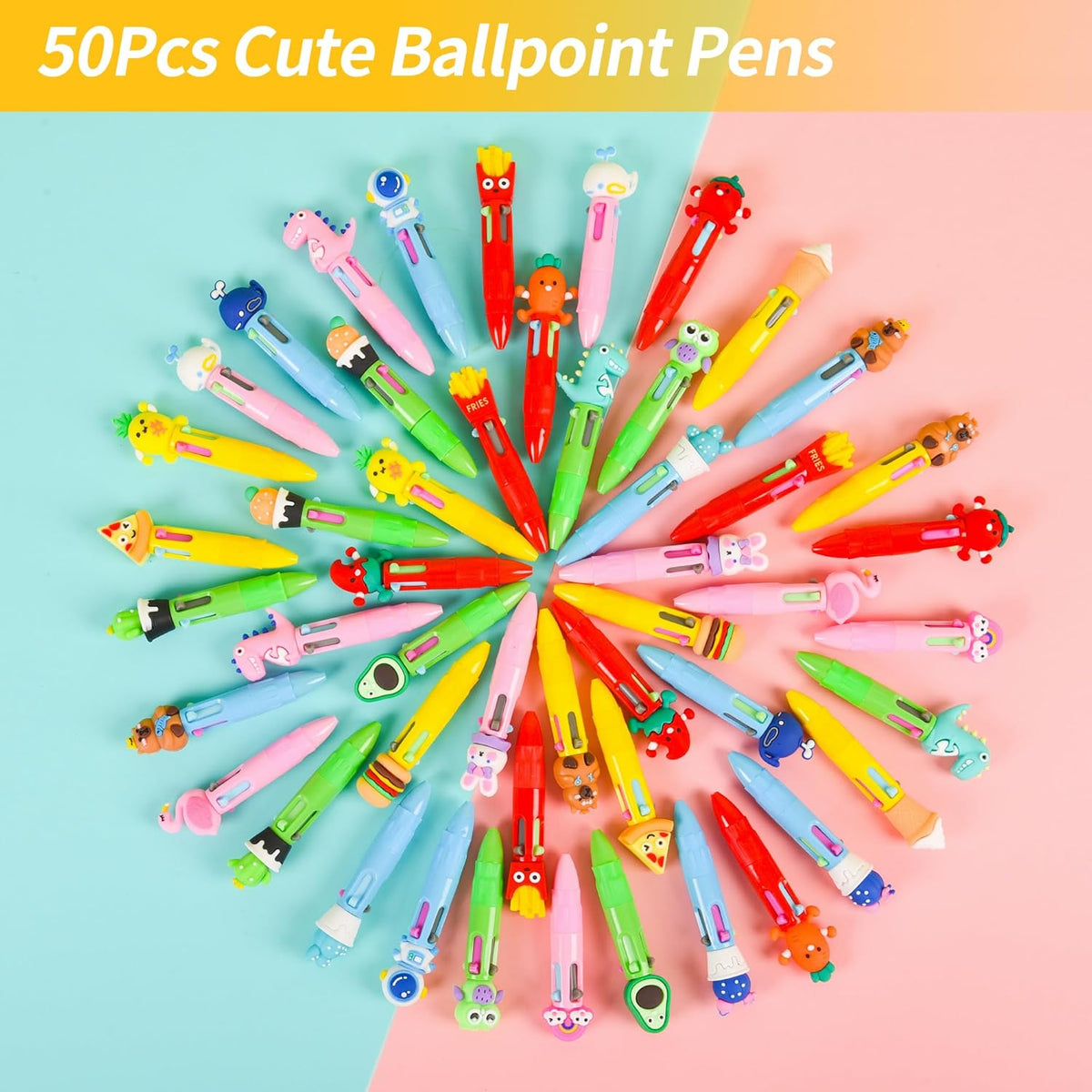 LiYiQ 50 PCS Multicolor Pen in One Fun 4-in-1 Cute Pens Bulk Kawaii Cool Ballpoint Pens for Kids Fun Gifts