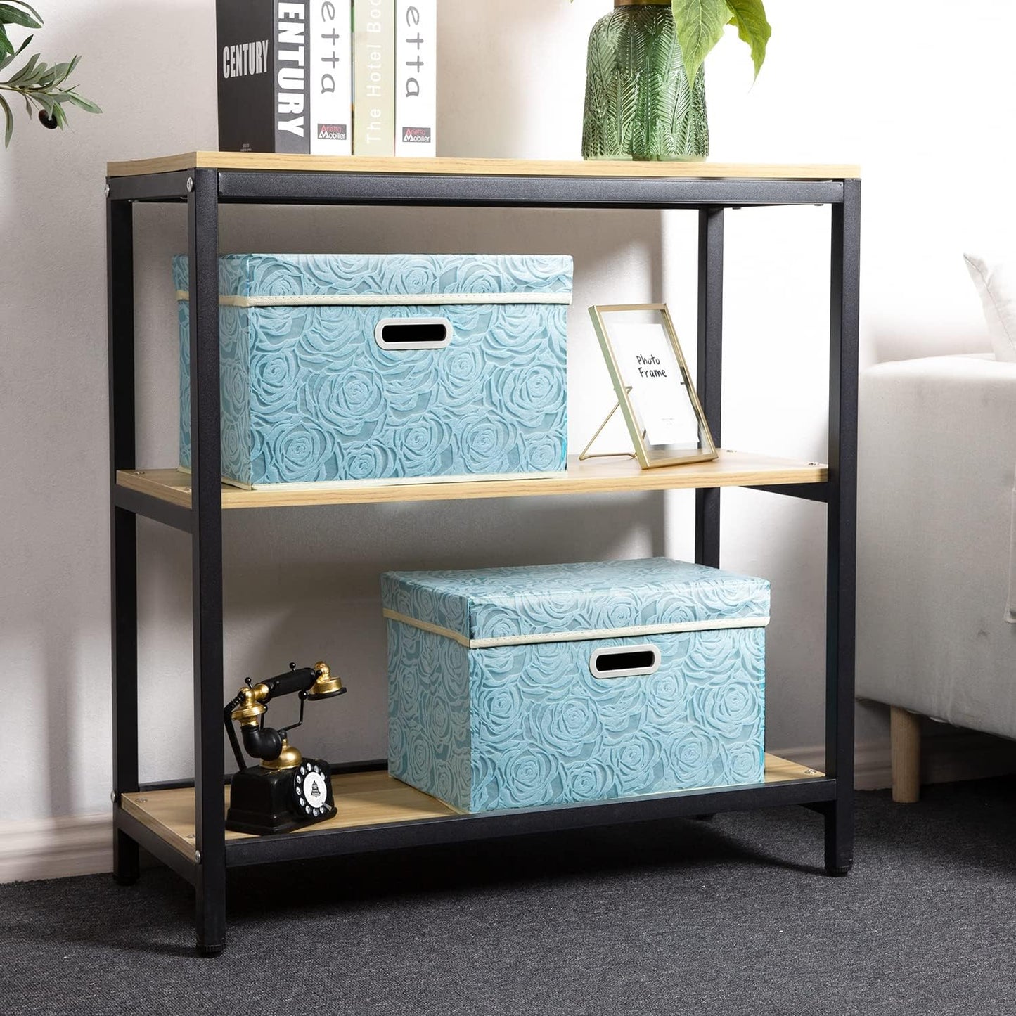 PRANDOM Stackable Storage Cubes with Lids [5-Pack] Fabric Decorative Storage Box Bins Organizer Containers Baskets with Cover Handles Divider for Bedroom Closet Living Room Blue 14.9x9.8x9.8 Inch