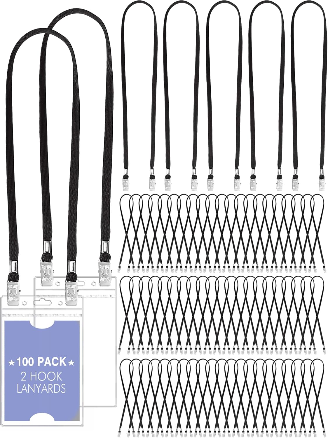 Patelai 100 Pack Double Clip Lanyards Bulk Face Mask Lanyard Twist Free 2 Hook Design Adjustable Badge Neck Strap for Conference Office Class Essential Back to School Gifts ID Card Keychain (Black)