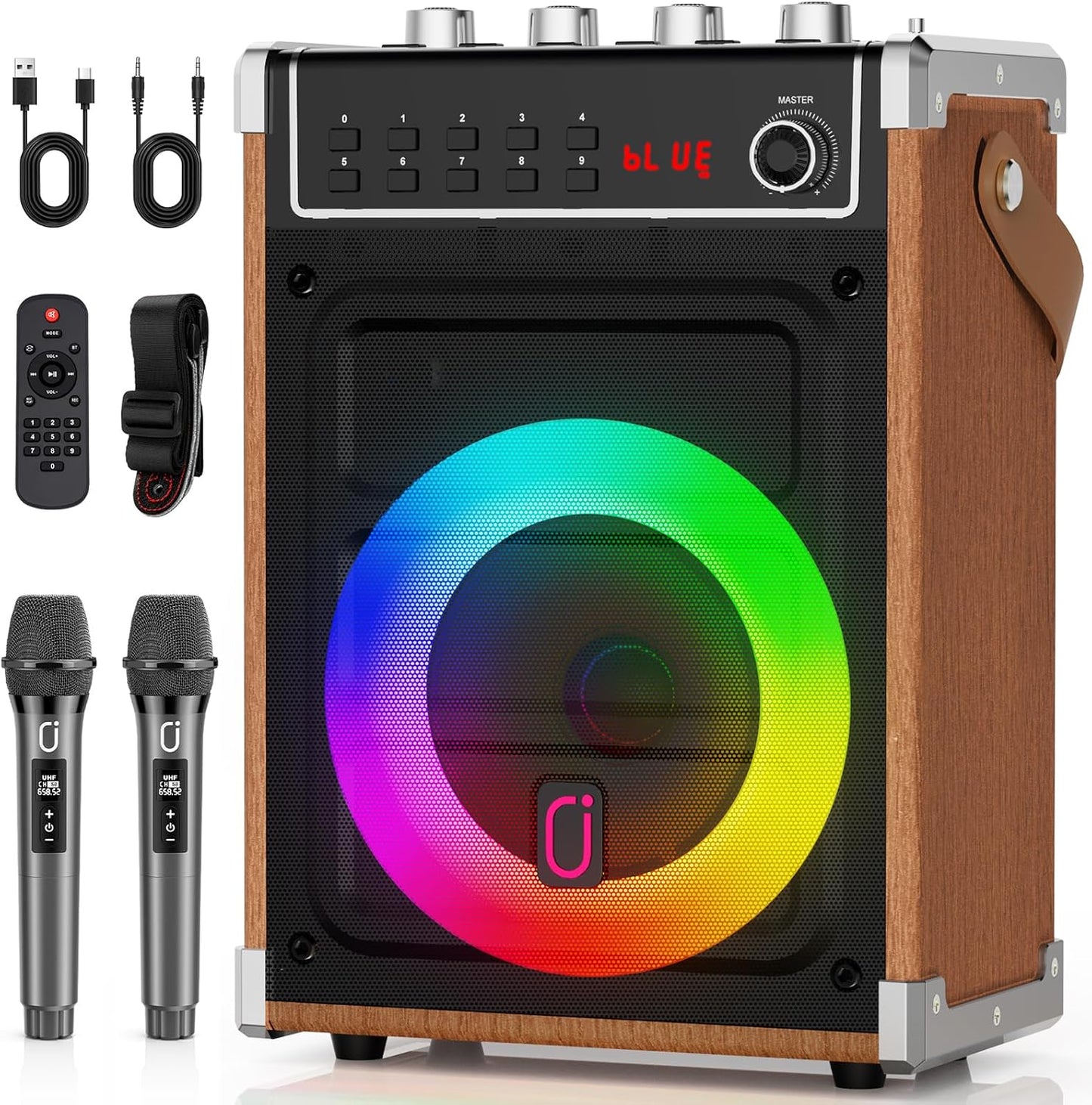 JYX Karaoke Machine with 2 UHF Wireless Microphones, Bluetooth Speaker with Bass/Treble Adjustment and LED Light, PA System Support TWS, AUX in, FM, REC, Supply for Party/Adults/Kids - Wood Grain